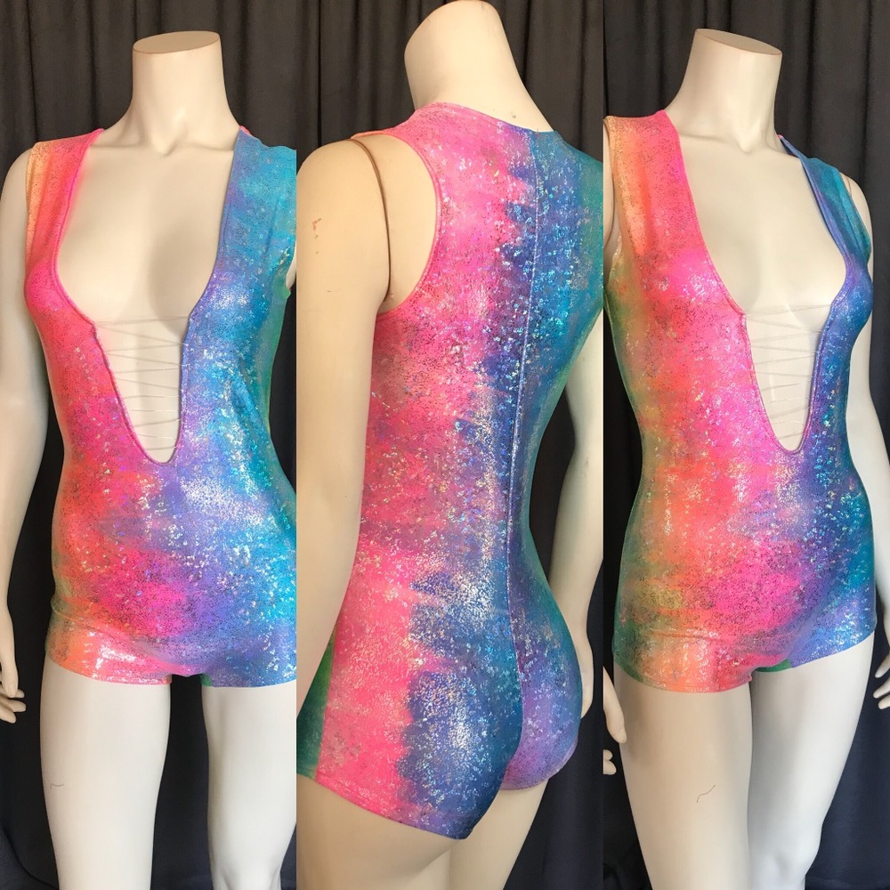 Multicolor holographic razorback romper